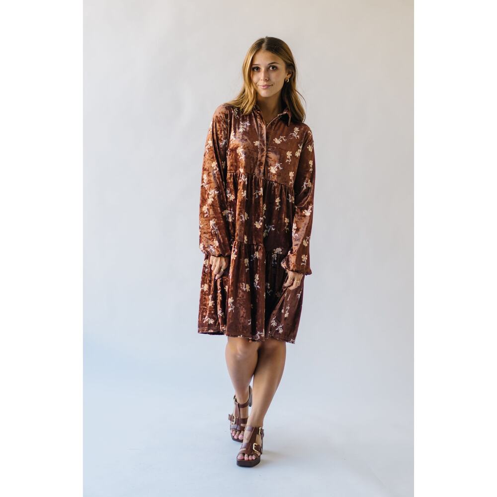 Brown Velvet Floral Tiered Shirt Dress